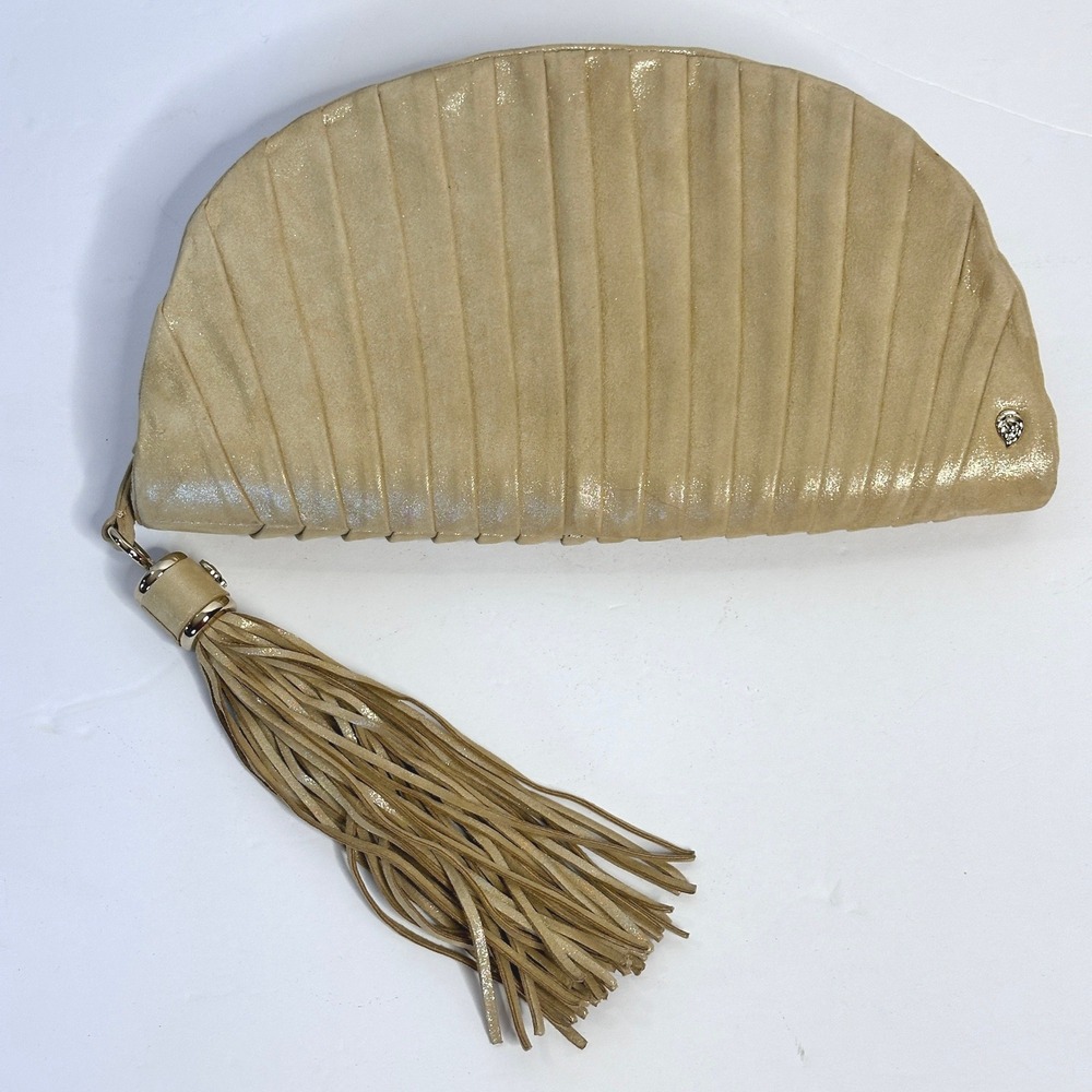 VTG HELEN KAMINSKI Gold Metallic Pleated Tassel Clutch Bag Shimmer Evening Purse